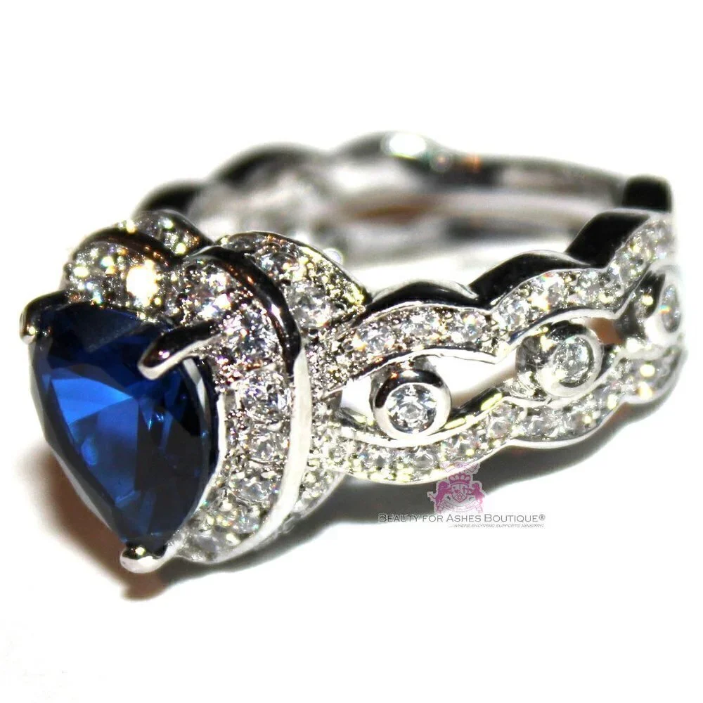 Heart for Jerusalem Deep Sapphire Blue Cz 18K White Gold Plated Cocktail Ring 7